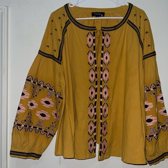 Anthropologie RD +Koko Plussize Embroidered Boho Puff Sleeve TieFront Jacket Top - Picture 6 of 10
